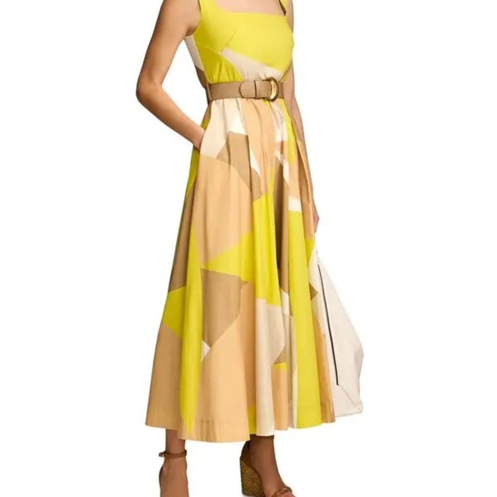 Donna Karan Yellow and Tan Geometric Belted Maxi Dress No Belt